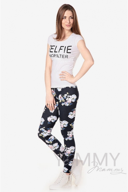 Джегинсы для беременных и родивших универсальные, джинсовый с белыми цветами