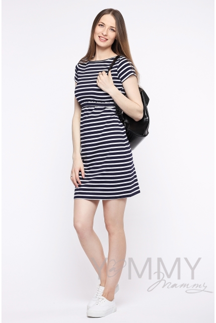Платье для беременных и кормящих, белое в темно-синюю полоску