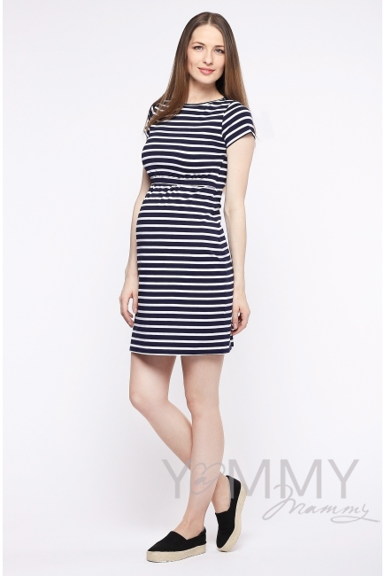 Платье для беременных и кормящих, белое в темно-синюю полоску