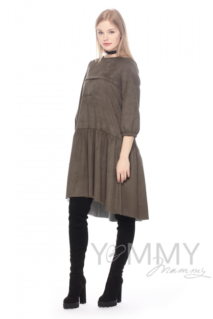 Замшевое платье для кормящих и беременных с воланом, мокко