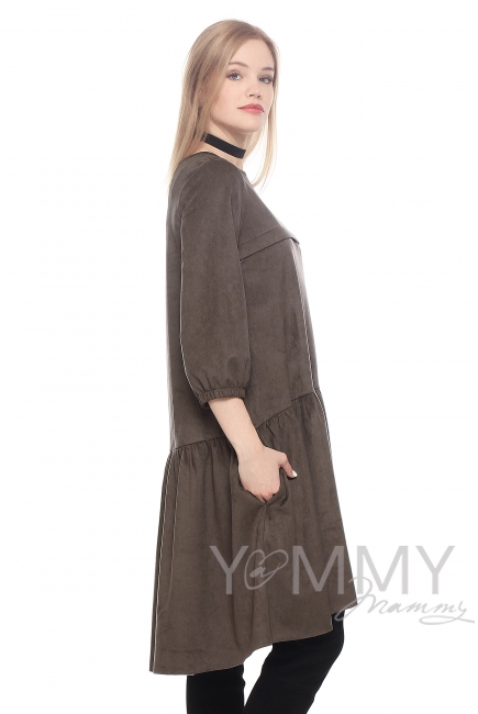 Замшевое платье для кормящих и беременных с воланом, мокко