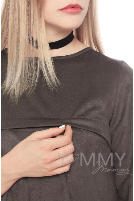 Замшевое платье для кормящих и беременных с воланом, мокко
