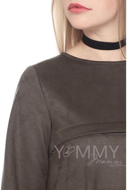 Замшевое платье для кормящих и беременных с воланом, мокко