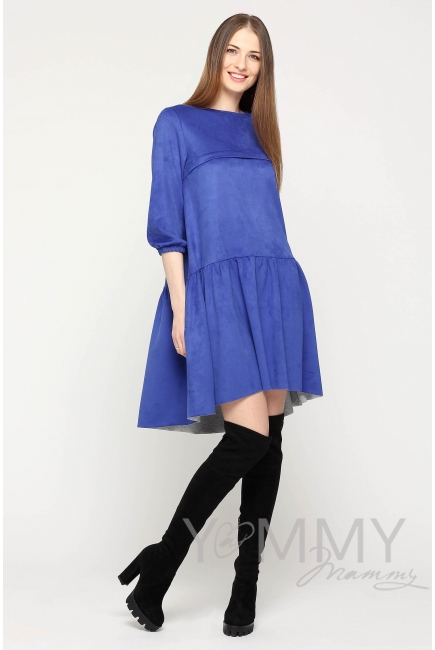 Замшевое платье для беременных и кормящих с воланом, ультрамарин