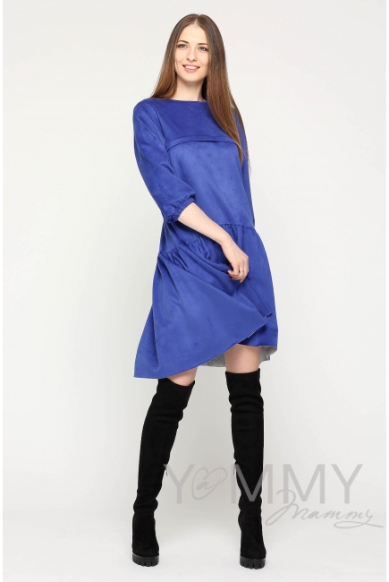 Замшевое платье для беременных и кормящих с воланом, ультрамарин