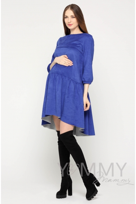 Замшевое платье для беременных и кормящих с воланом, ультрамарин