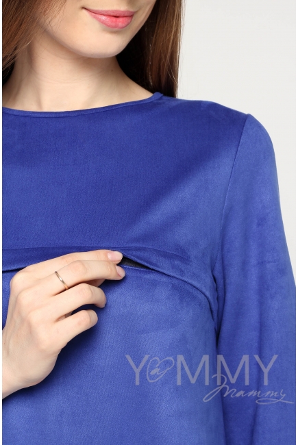 Замшевое платье для беременных и кормящих с воланом, ультрамарин