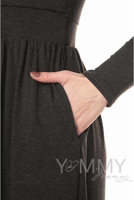 Платье длинное с начесом темно-серый меланж для беременных