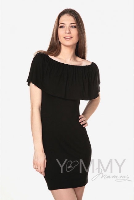 Платье "майка" для беременных и кормящих с воланом на плечах, черное