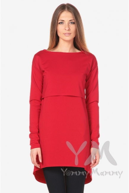 Платье-туника для кормящих и беременных с длинным рукавом, красное