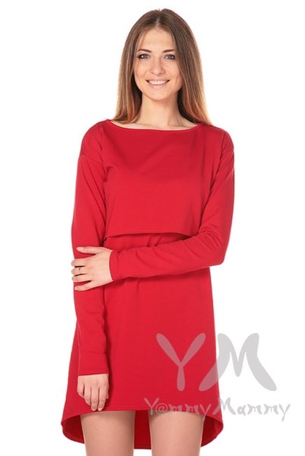Платье-туника для кормящих и беременных с длинным рукавом, красное