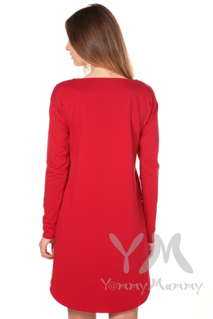 Платье-туника для кормящих и беременных с длинным рукавом, красное