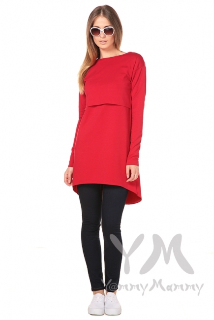 Платье-туника для кормящих и беременных с длинным рукавом, красное