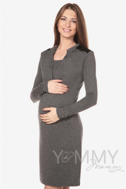 Платье с отделкой из экокожи для кормящих и беременных, темно-синий