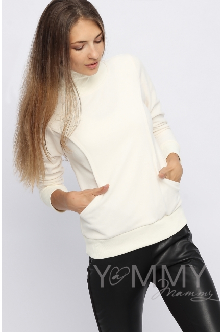 Джемпер для беременных и кормящих флисовый с высоким горлом, экрю