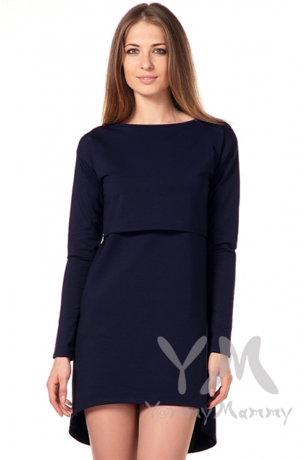 Платье-туника для беременных и кормящих с длинным рукавом, темно-синее