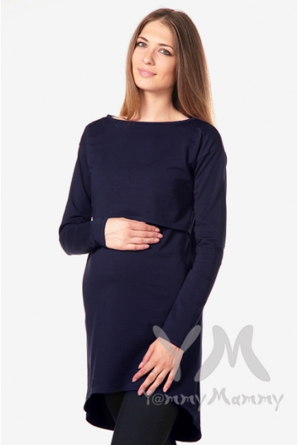 Платье-туника для беременных и кормящих с длинным рукавом, темно-синее