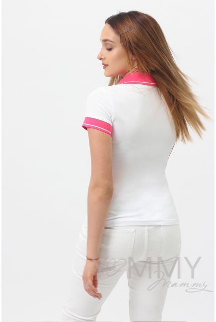 Футболка поло для беременных и кормящих, белая с розовым воротником