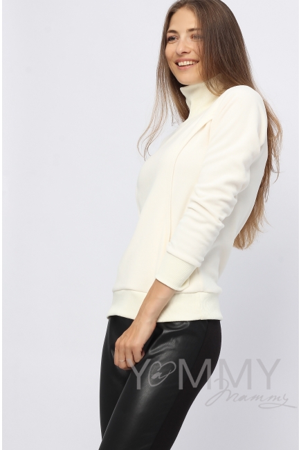 Джемпер для беременных и кормящих флисовый с высоким горлом, экрю