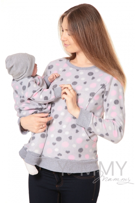 Джемпер для кормящих и беременных флисовый, цвет серый с розовыми и серыми кругами