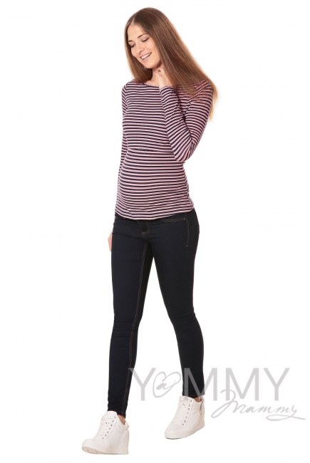 Лонгслив для беременных и кормящих, розовый в синюю полоску