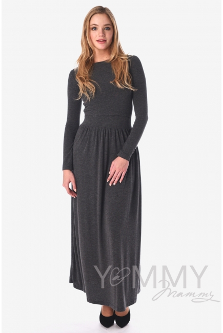 Платье длинное для кормящих и беременных с карманами, темно-серый меланж