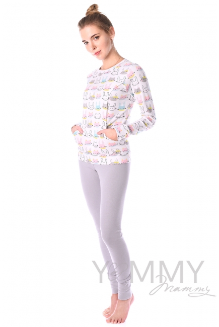 Комплект для дома серый с принтом "зайчики/котики"