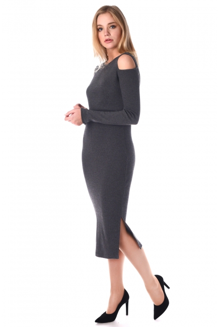Платье миди с разрезами по бокам темно-серый меланж для кормящих