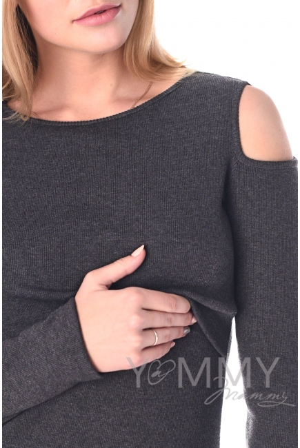 Платье миди с разрезами по бокам темно-серый меланж для кормящих