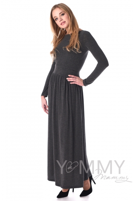 Платье длинное с карманами темно-серый меланж для кормящих