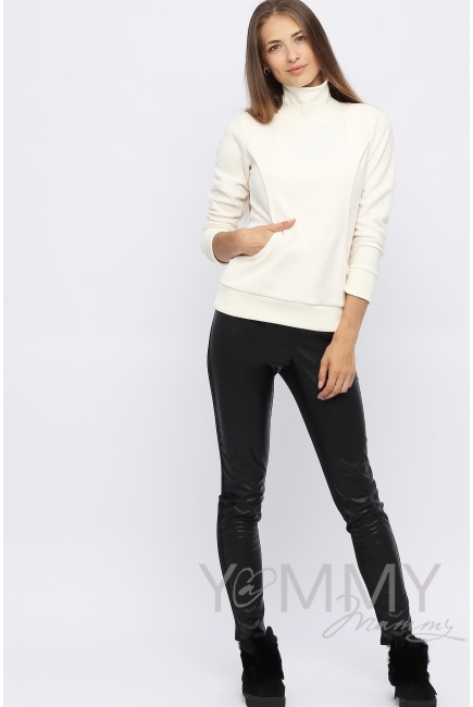 Джемпер для беременных и кормящих флисовый с высоким горлом, экрю