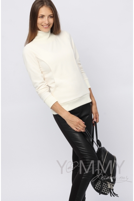 Джемпер для беременных и кормящих флисовый с высоким горлом, экрю