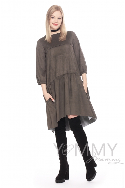 Замшевое платье для кормящих и беременных с воланом, мокко