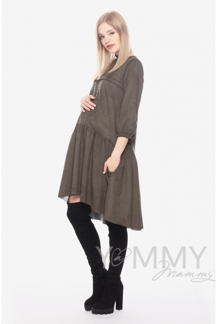 Замшевое платье для кормящих и беременных с воланом, мокко