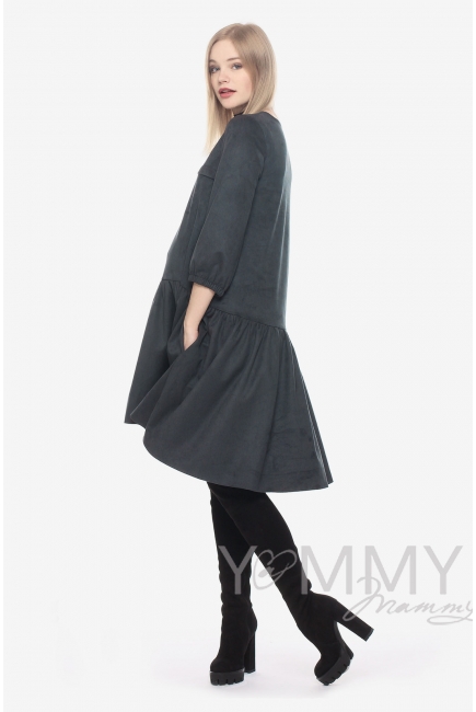 Замшевое платье для беременных и кормящих с воланом, графит