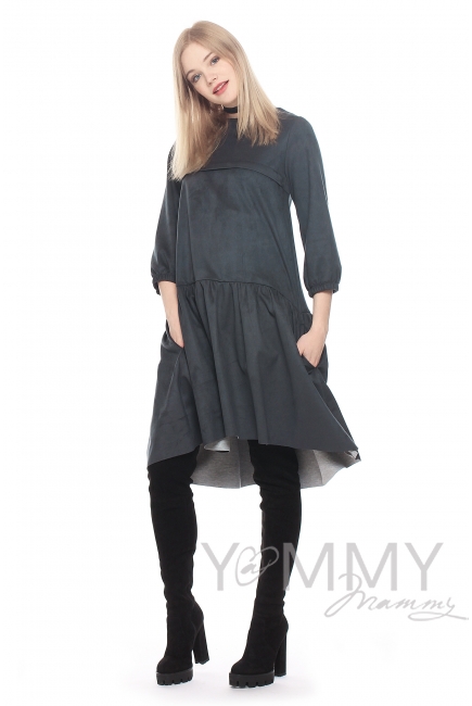 Замшевое платье с воланом графит для беременных