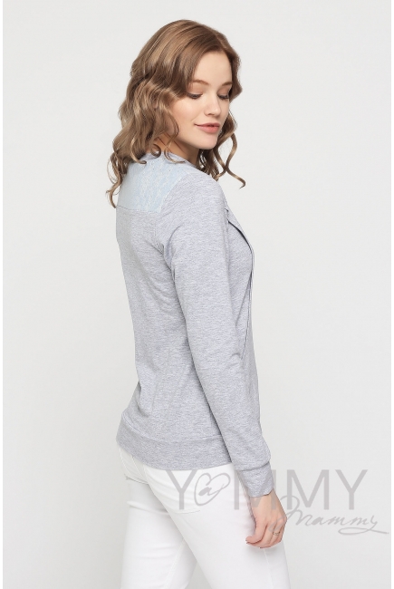 Свитшот для беременных и кормящих, серый меланж с кружевом