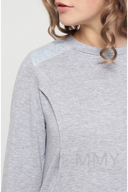 Свитшот для беременных и кормящих, серый меланж с кружевом