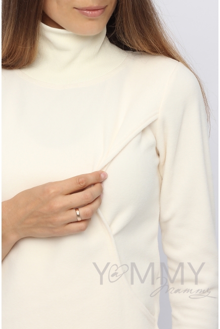 Джемпер для беременных и кормящих флисовый с высоким горлом, экрю