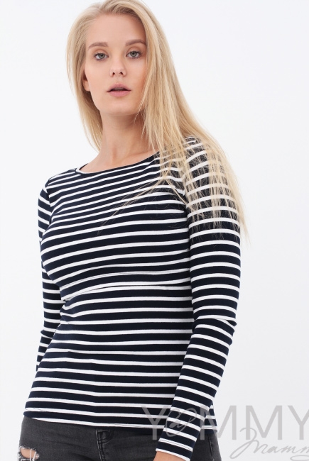 Лонгслив для кормящих и кормящих, темно-синий в белую полоску