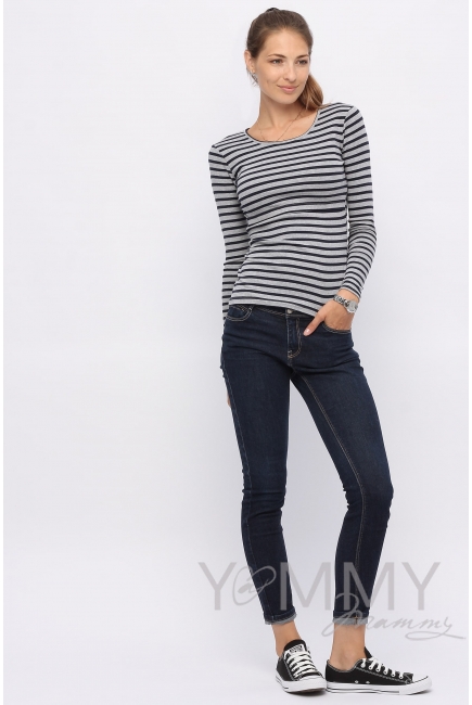 Лонгслив для беременных и кормящих, серый в синюю полоску