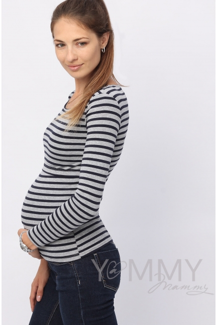 Лонгслив для беременных и кормящих, серый в синюю полоску