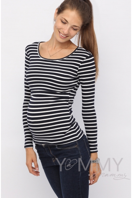 Лонгслив для кормящих и кормящих, темно-синий в белую полоску