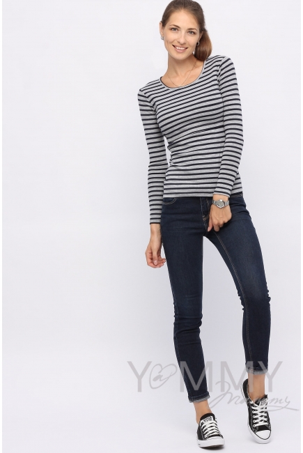 Лонгслив для беременных и кормящих, серый в синюю полоску