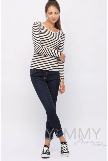 Лонгслив для кормящих и беременных, бежевый в синюю полоску