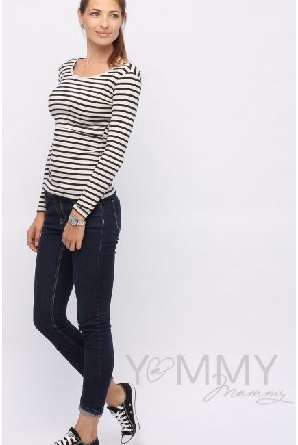 Лонгслив для кормящих и беременных, бежевый в синюю полоску