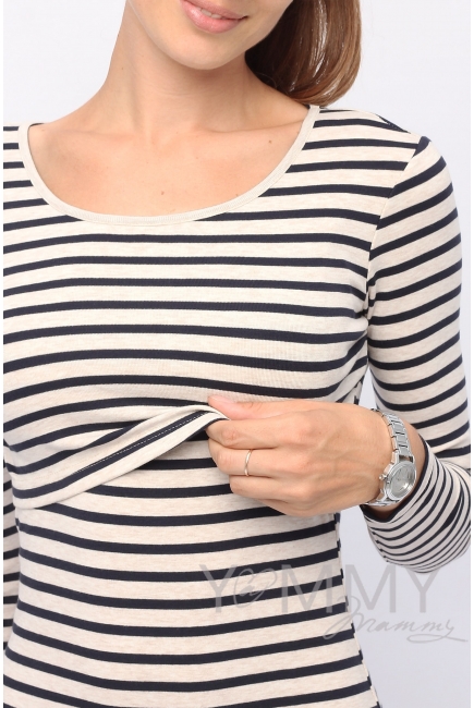 Лонгслив для кормящих и беременных, бежевый в синюю полоску