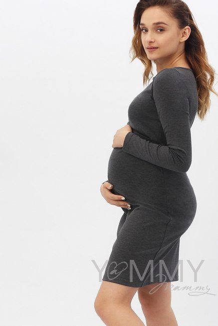 Платье-футляр для кормящих и беременных с горловиной "лодочка", темно-серый меланж