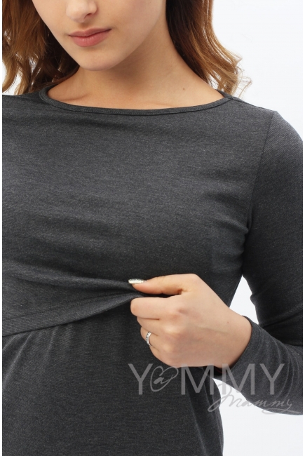 Платье-футляр для кормящих и беременных с горловиной "лодочка", темно-серый меланж