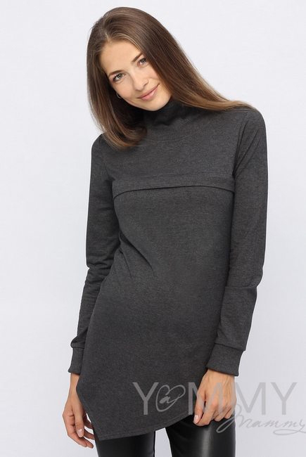 Джемпер для кормящих и беременных с асимметричным низом, темно-серый меланж